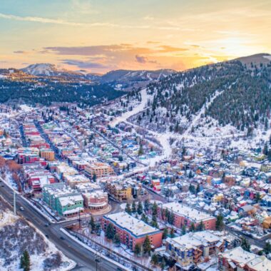 Downtown Park City, Utah, USA Drone Skyline Aerial